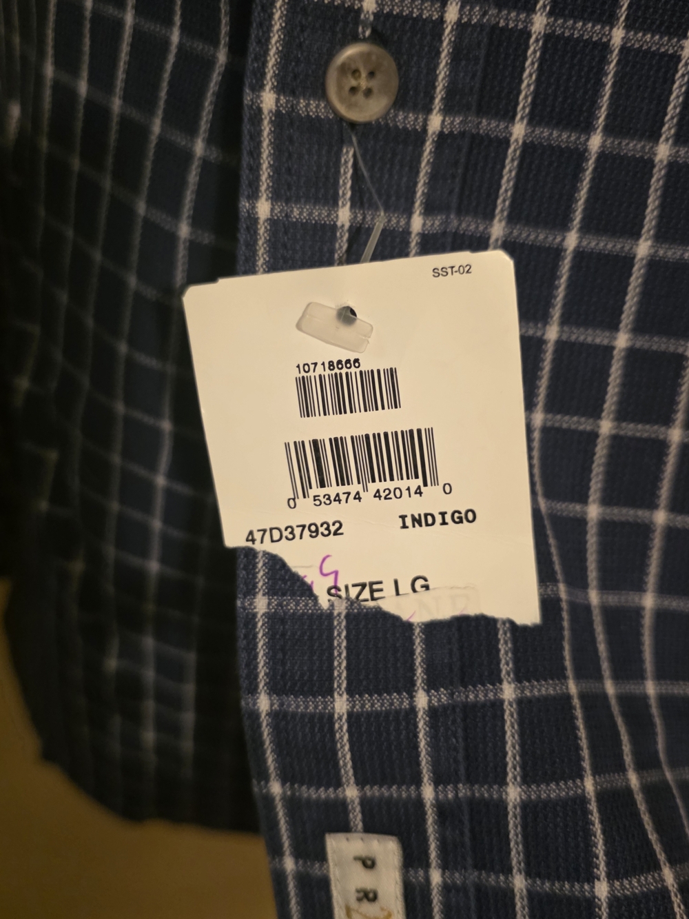 Savane Deep Dye No Wrinkles Indigo Check Men's Button Down Shirt Size L - Picture 7 of 9